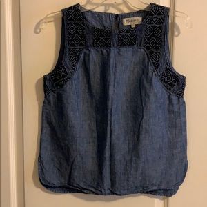 Madewell sleeveless embroidered light denim top
